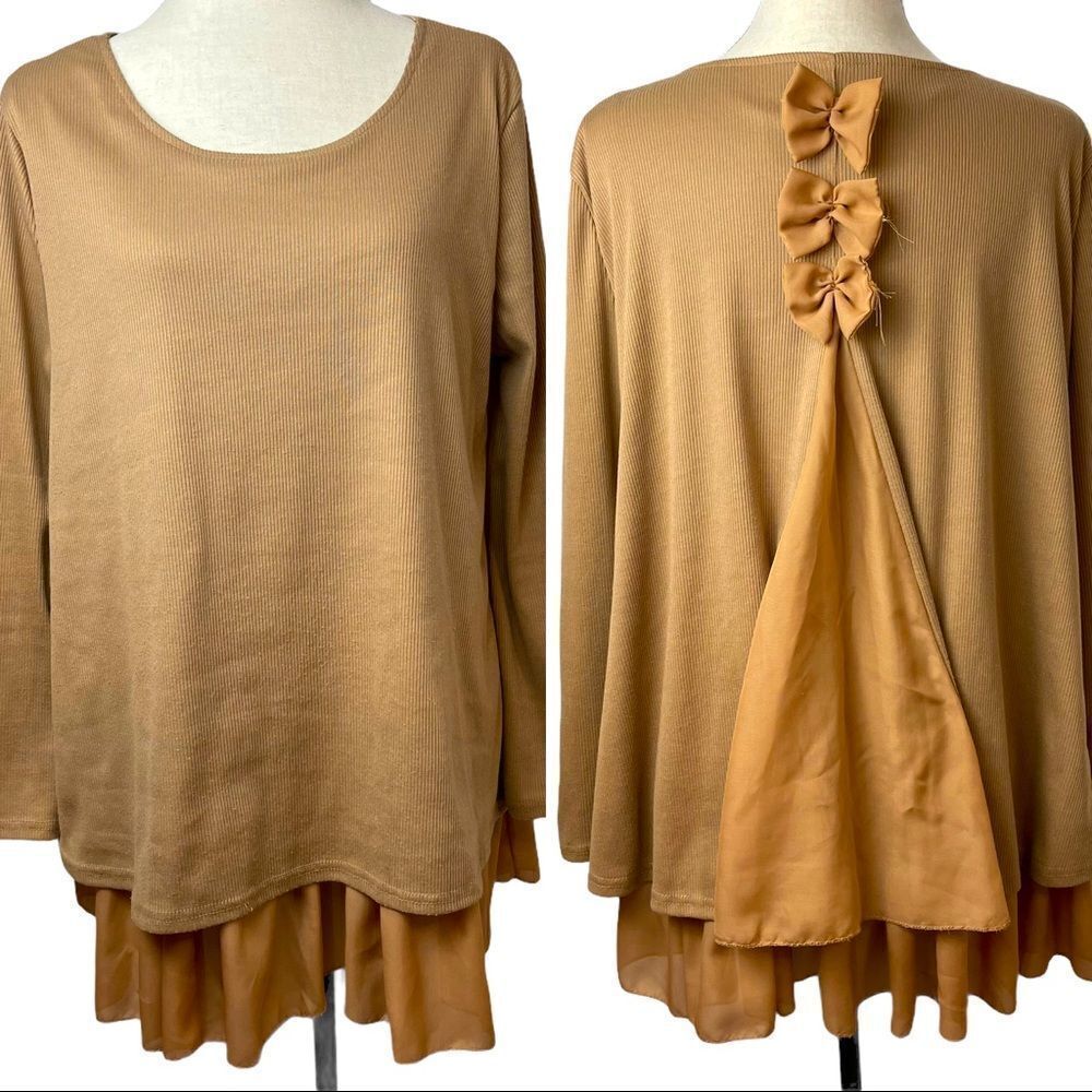 CL Shang Beige Peplum Long Sleeve Layered Top Blouse Size 2XL - Picture 3 of 13